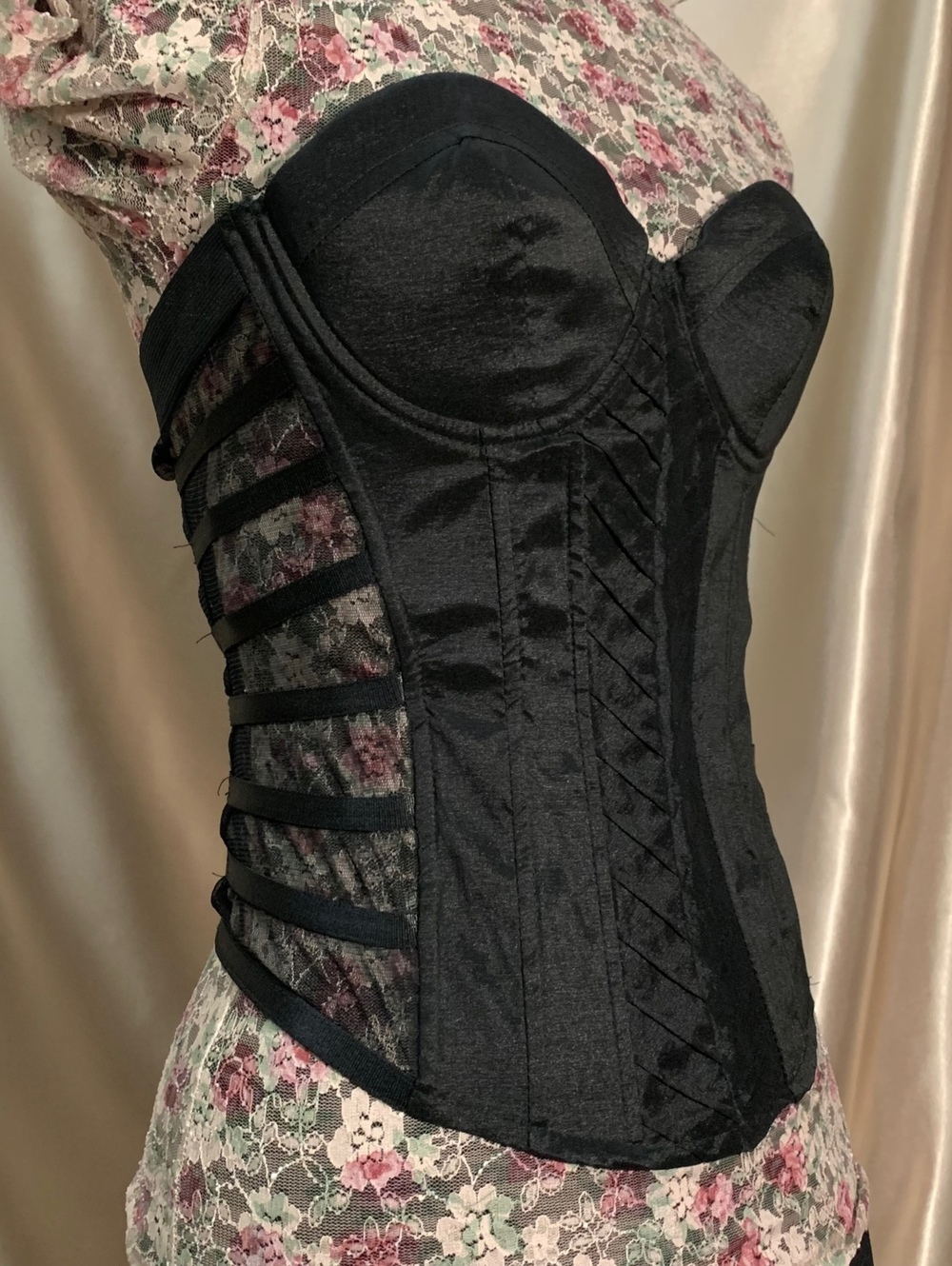 Vintage Black Bustier Cage Corset Stripe Strapless Top Goth Grunge Whimsigoth
